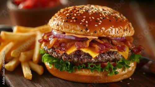 Cheeseburger with Bacon, Sauteed Onions, and Seasoned Fries