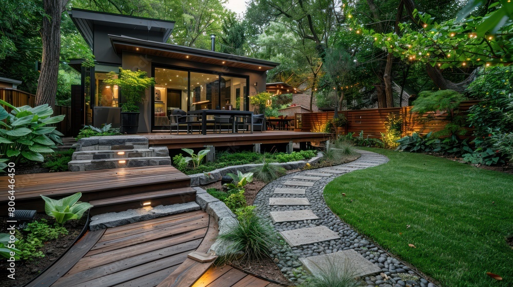 Serene Backyard Oasis with Wooden Deck and Stone Pathway