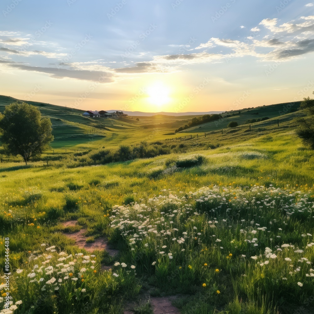 Picturesque countryside landscape with rolling hills, meadows, and a sunset