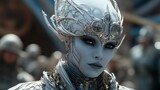 Futuristic cyborg woman with intricate metallic headpiece