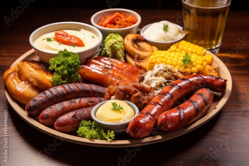 Delicious assortment of grilled sausages, corn, and other savory side dishes