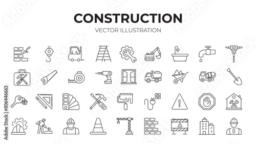 Construction editable stroke outline icons set. Construction, renovation architecture, engineer, building, blueprint and home repair tools. Vector illustration.