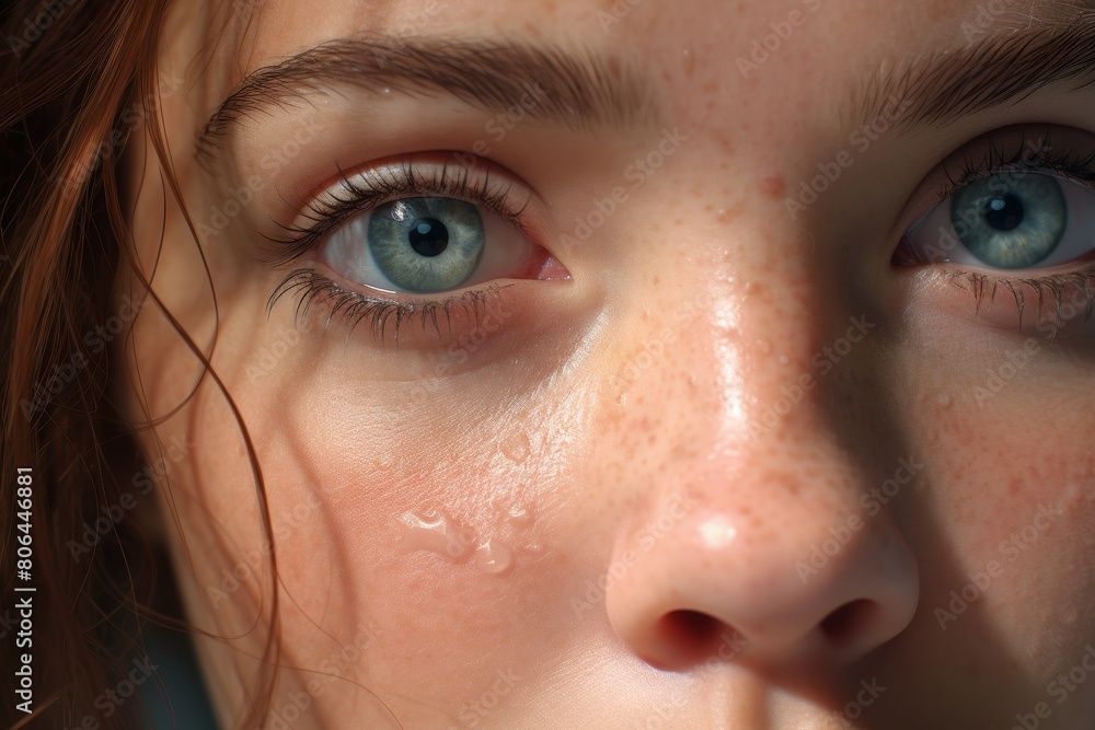 Fototapeta premium close-up portrait of a young woman with freckles and bright blue eyes