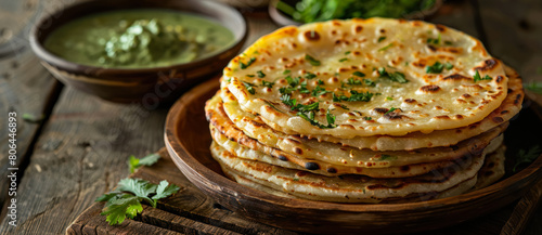 a stack of golden brown parathas adorned with fresh herbs and served with green chutney