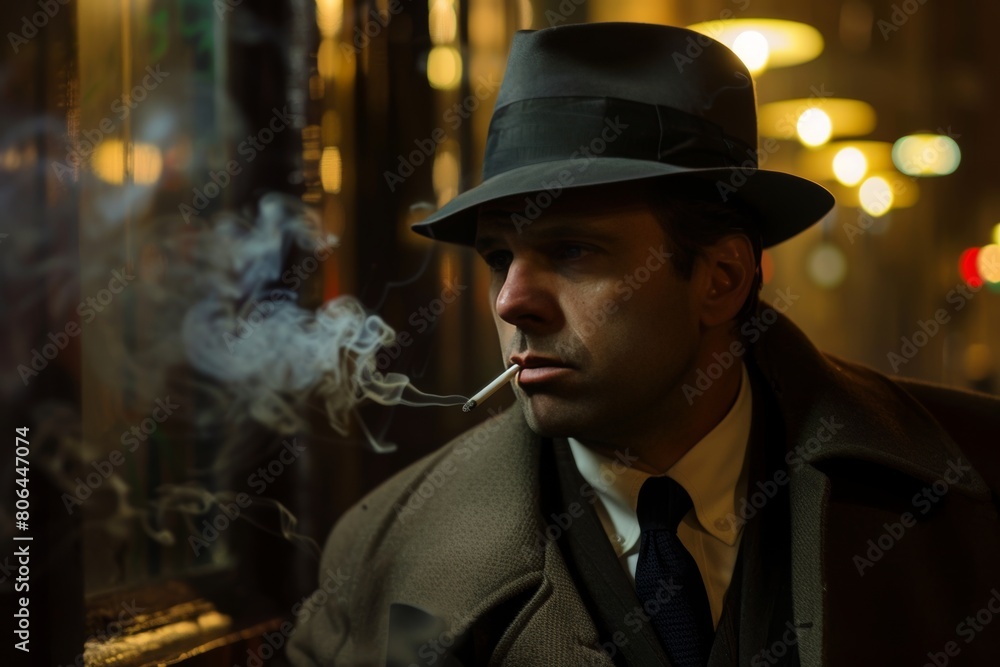 Detective in a fedora hat and trench coat, smoking a cigarette in a hotel room at night Detective in a fedora hat and trench coat, smoking a cigarette in a hotel room at night