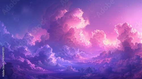 Purple Cumulus Clouds Over Fantasy Landscape  Aesthetic Abstract Background