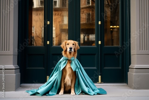 Elegant golden retriever dog wearing teal blue cape