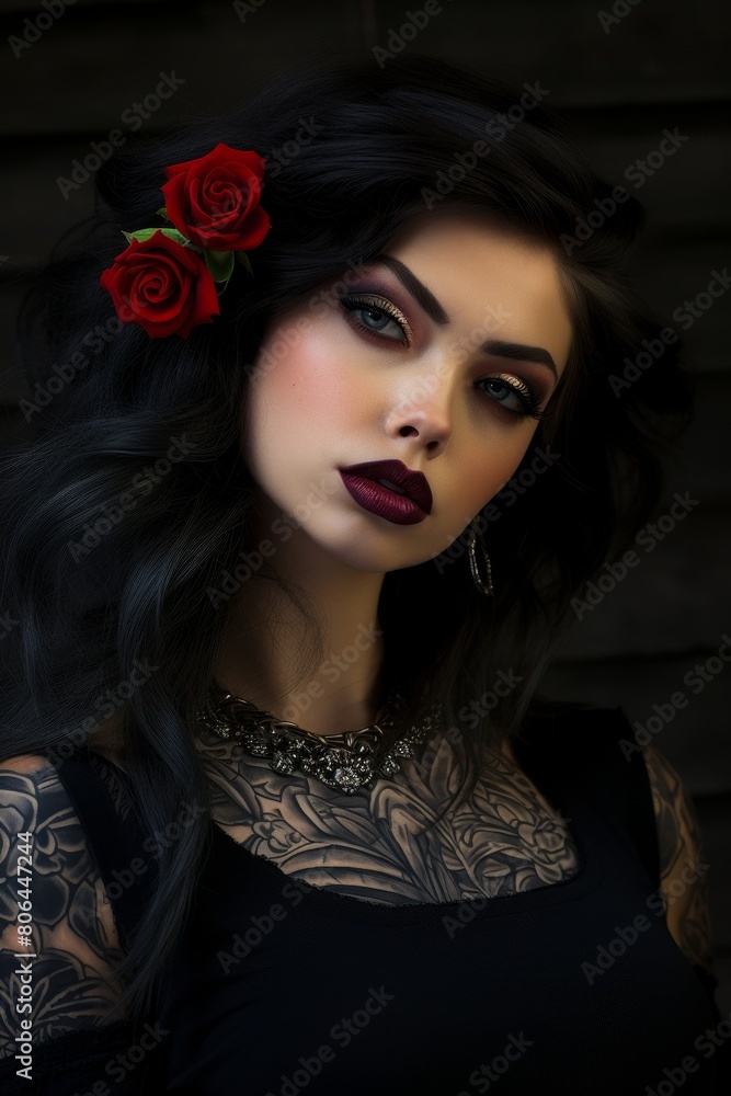 Naklejka premium Mysterious woman with dark hair and red roses