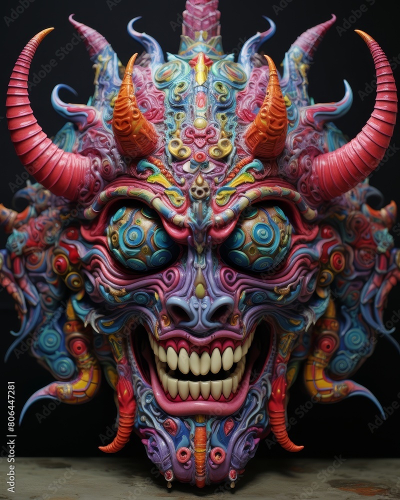 Obraz premium Colorful demonic creature with horns and sharp teeth