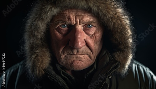 Weathered face of an elderly man in a fur-lined hood