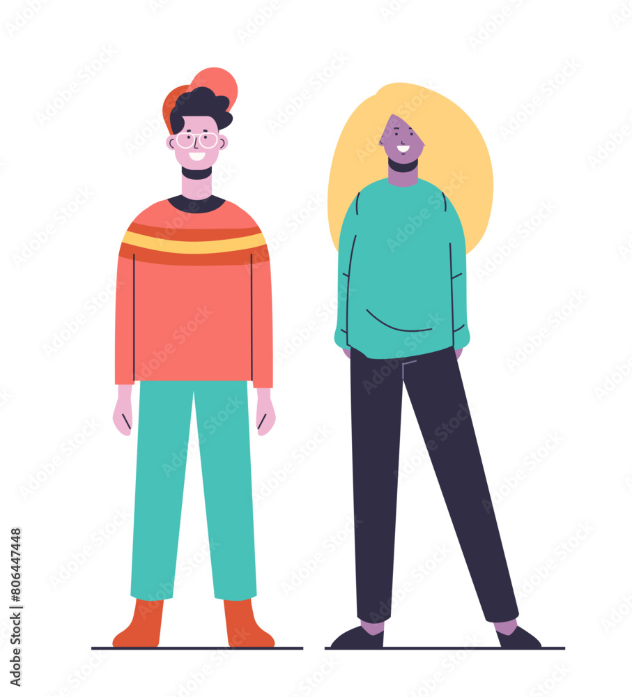 young man and woman posing in casual clothes cartoon characters standing together full length