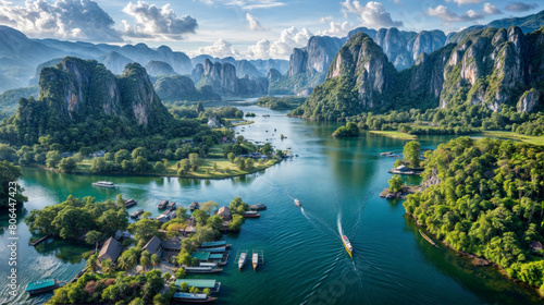 Panoramic view of Karst mountains and river with boat. photo