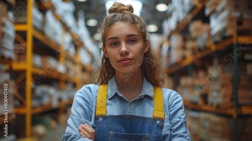 Smiling Female Storekeeper in Overalls Stands Among Shelves in Vast Warehouse
