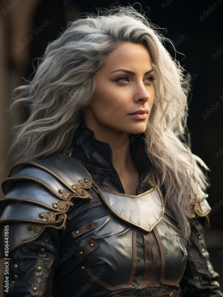 Fierce female warrior in armored costume
