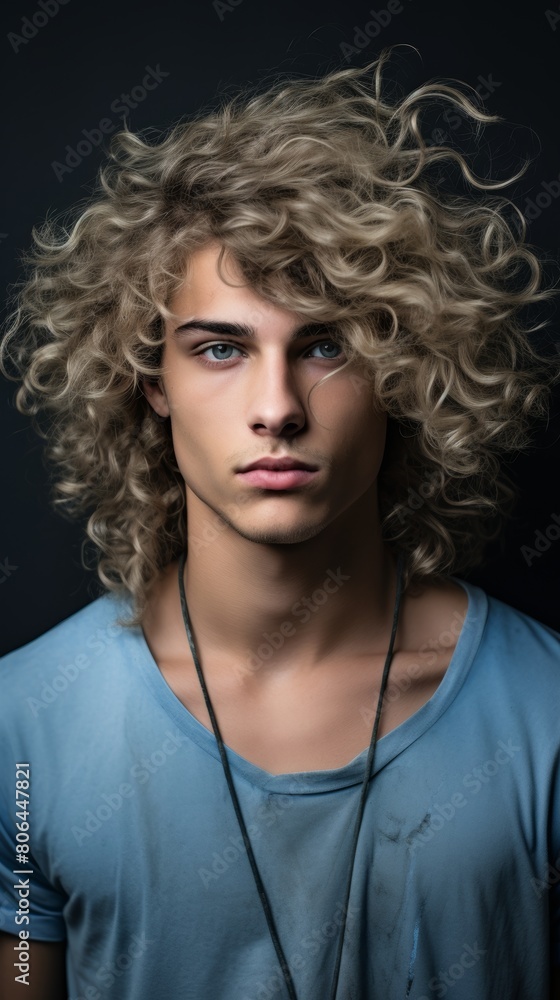 Curly-haired model with intense gaze