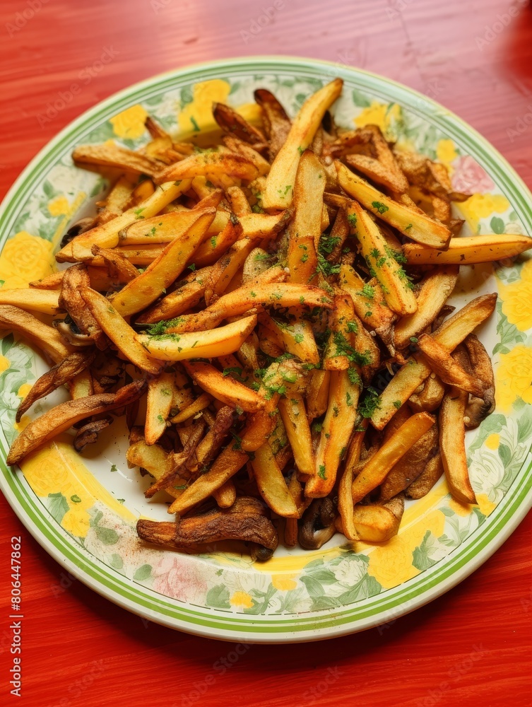 Delicious homemade french fries on a colorful plate Delicious homemade french fries on a colorful plate