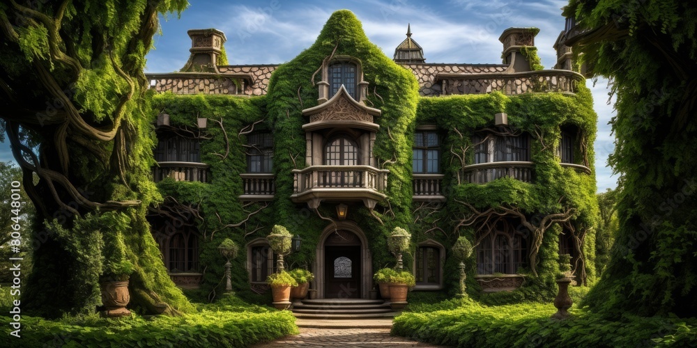 Enchanting overgrown castle in lush green forest