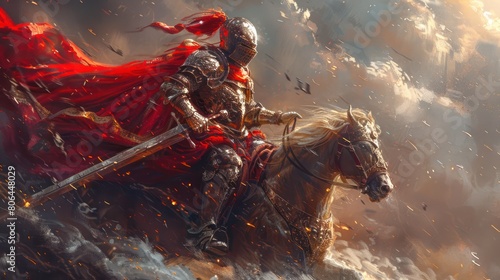 Valiant Knight on Galloping Steed Charging into Battle with Sword and Armor