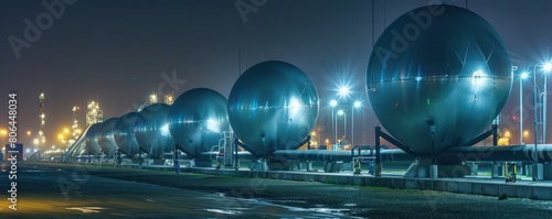 Gas storage tanks and pipes in a chemical industrial plant illuminated by glowing lights at night