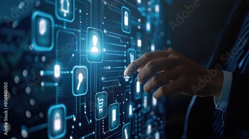 Businessman touches online banking and network connection icons. Ai Generated