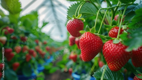 Abundant Rows of Fresh Strawberries in a Lush Greenhouse