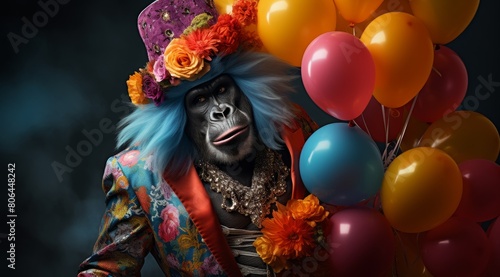 Colorful and whimsical portrait of a gorilla in costume