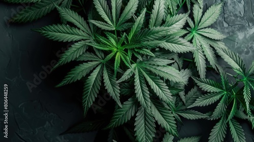 Dark backdrop showcases green cannabis leaves. Medical marijuana plant. Ai Generated photo