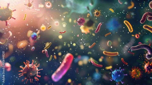 Macro view of various microbes virus cells and bacteria against abstract backdrop. Ai Generated