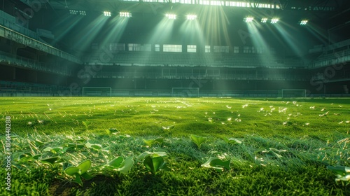 Sun-kissed grass stadium and empty playground illuminated by spotlights