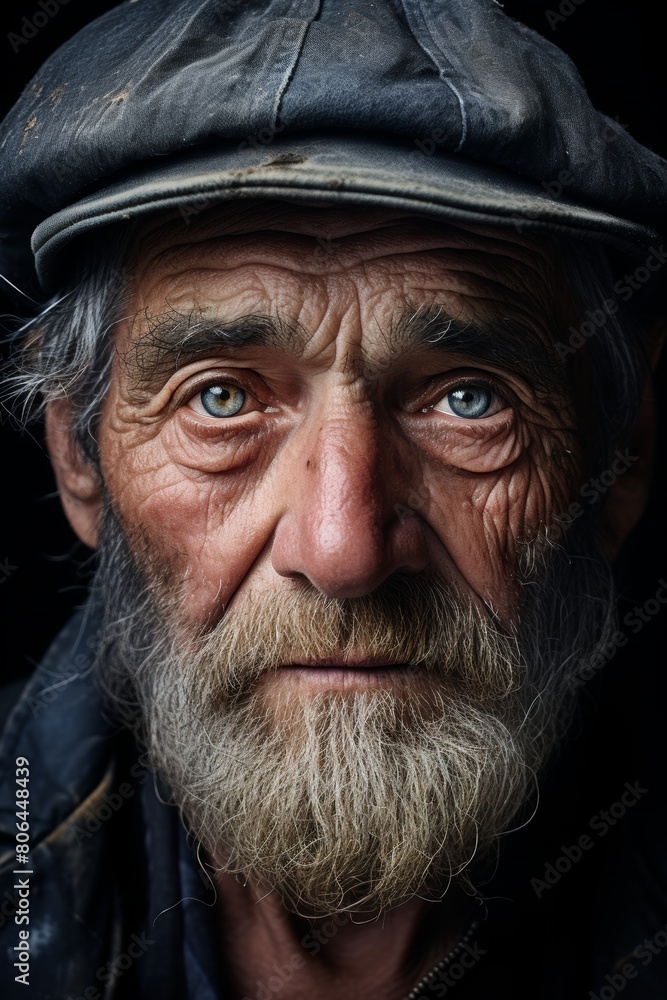 Weathered face of an elderly man with a long beard and piercing blue eyes Weathered face of an elderly man with a long beard and piercing blue eyes