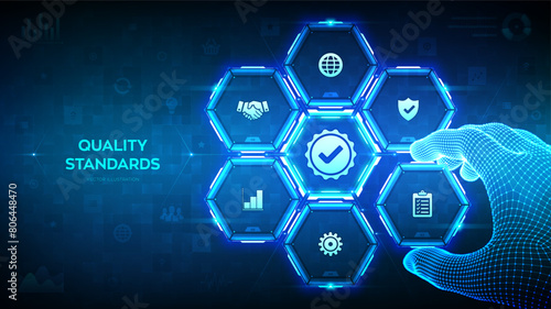 Quality control. Quality standards control assurance warranty. ISO standardization certification. Wireframe hand places an element into a composition visualizing Quality control. Vector illustration.