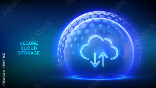 Secure Cloud Storage. Cloud icon inside transparent protection sphere shield with hexagon pattern on blue background. Cloud computing. Database storage, Data center protection. Vector illustration.