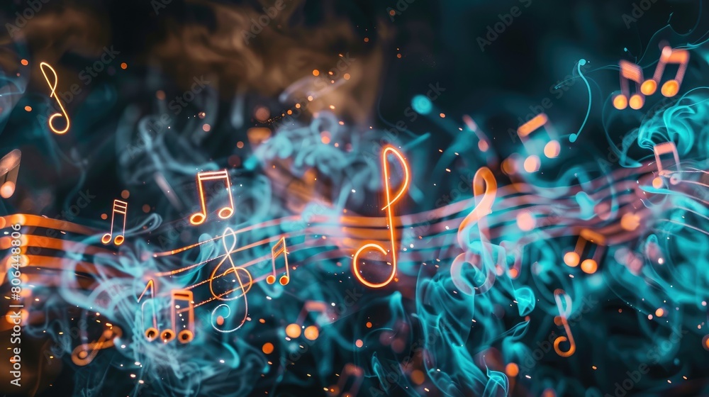 Fototapeta premium Music notes and signs converge to form melody on abstract dark backdrop. Musical banner. Ai Generated