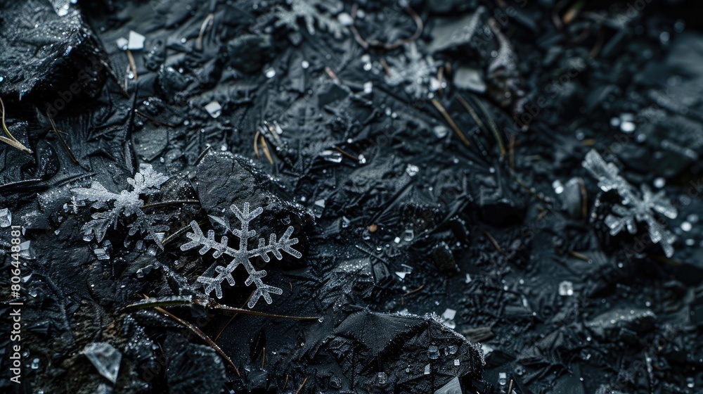 Frozen snow crystal in close-up, solitary on dark background, composing a wintry scene. Ai Generated Frozen snow crystal in close-up, solitary on dark background, composing a wintry scene. Ai Generated