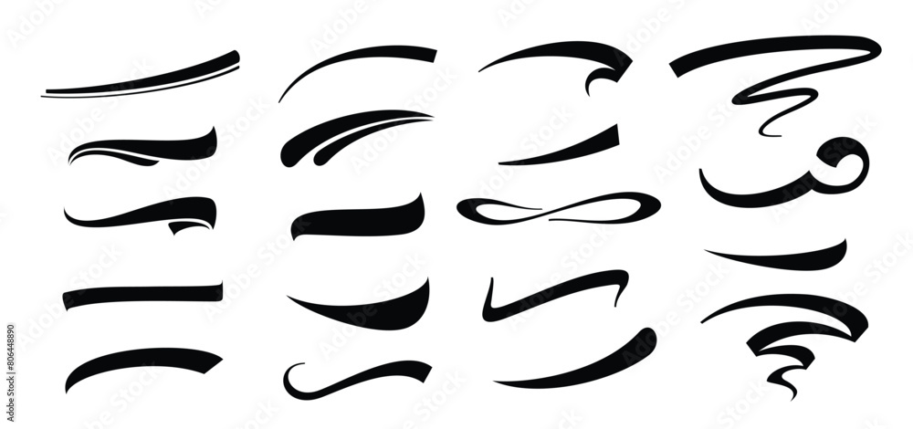 Hand lettering typography underline shapes set of vector illustration isolated on white background. Collection of black decorative pen lines and strokes. Hand lettering typography underline shapes set of vector illustration isolated on white background. Collection of black decorative pen lines and strokes.