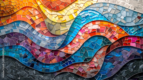 Abstract mosaic art background with tessellating shapes and rich textures, creating a visually striking and intricate design.  photo