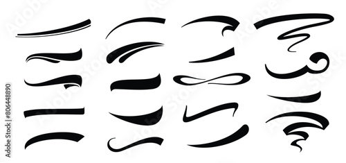 Hand lettering typography underline shapes set of vector illustration isolated on white background. Collection of black decorative pen lines and strokes.