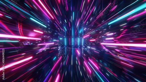 Dynamic cyberspace tunnel adorned with neon-colored stripes in motion, creating a vibrant journey, Ai Generated.