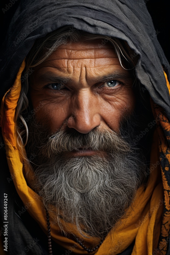 Weathered face of an elderly man with a long beard and piercing eyes Weathered face of an elderly man with a long beard and piercing eyes