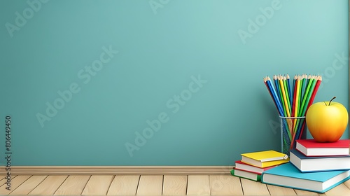 Happy Teachers Day, copy space, chalkboard, school ruler, apple, pencil book design. 3d illustration. photo