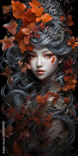 Autumn fantasy portrait with flowers and leaves