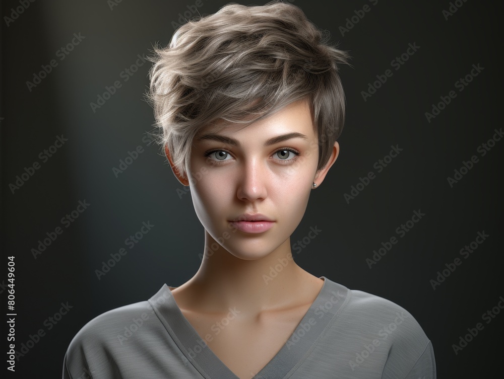 Thoughtful young woman with short wavy hair Thoughtful young woman with short wavy hair