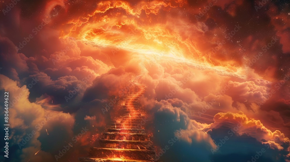 Fototapeta premium Glowing pathway ascends through clouds to heavenly realms. Mystical stairway. Ai Generated