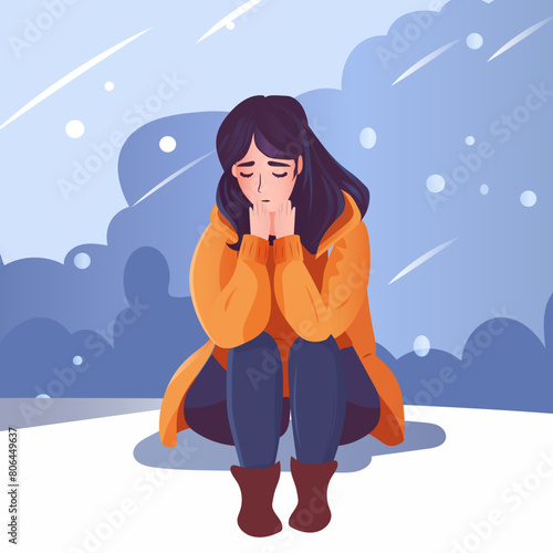 depressed woman sitting on snow sad girl suffering from psychological diseases anxiety mental health awareness month concept