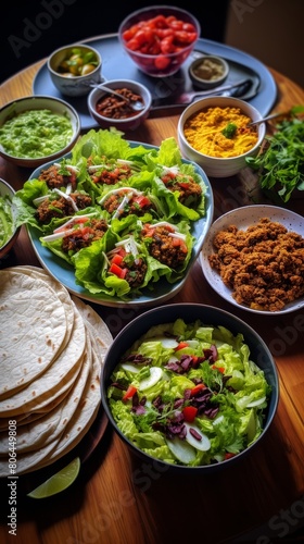 Assortment of Mexican food dishes on a wooden table