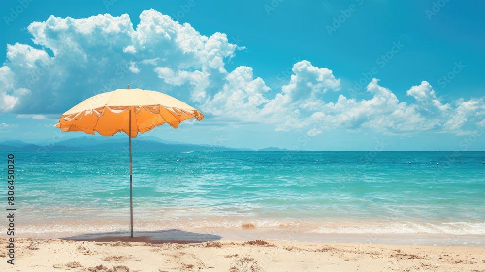 A vibrant beach umbrella provides shade on the sandy shore overlooking the sparkling ocean, with people enjoying the coastal natural landscape under a clear sky AIG50