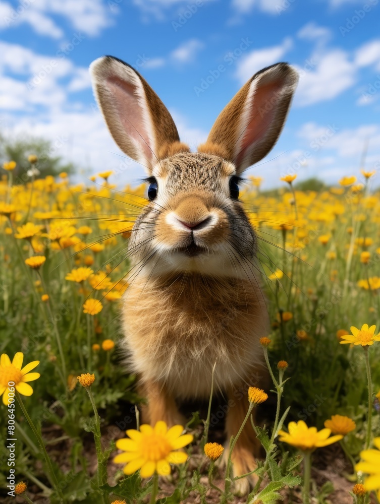 Adorable rabbit in field of yellow flowers Adorable rabbit in field of yellow flowers