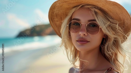 Summer Elegance: Chic Beachwear Trends, portrait of a stylish blonde woman with beach in background