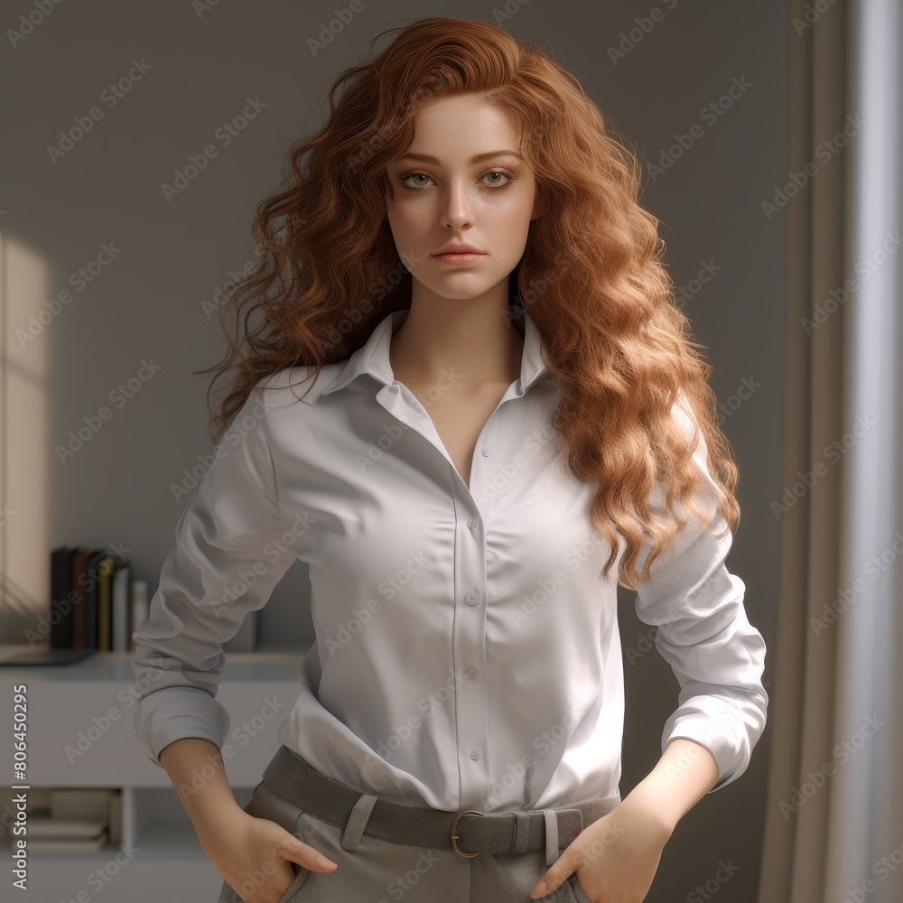 Confident woman with curly red hair in a white blouse Confident woman with curly red hair in a white blouse