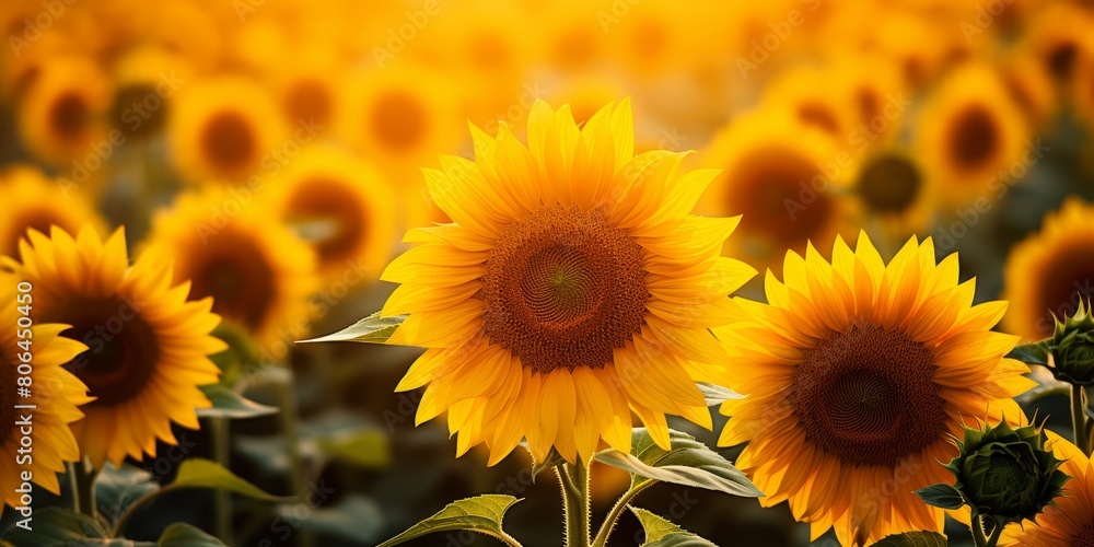 Obraz premium Vibrant sunflower field in warm autumn light